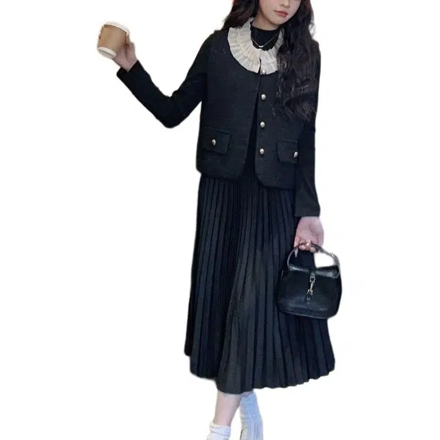 纤丝鸟 法式马甲长裙气质修身显瘦两件套长袖连衣裙 女款