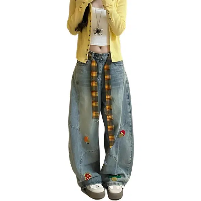 如续 美式复古卡通毛巾刺绣设计感高腰宽松显瘦阔腿裤潮流百搭舒适休闲牛仔裤 女款