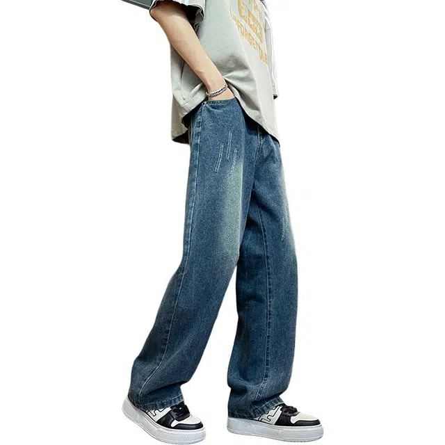 宝米卡 宽松美式高街复古长裤猫须磨白直筒裤子个性气质水洗怀旧休闲牛仔裤 男女同款