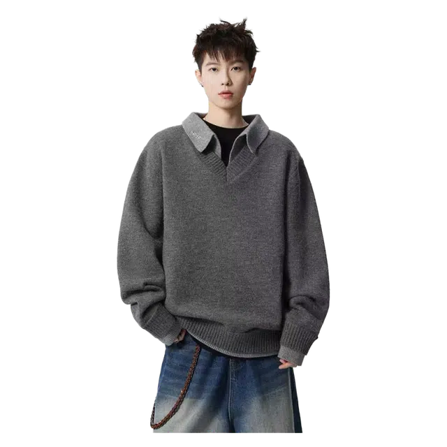 一碗士多 假两件翻领拼接纯色宽松舒适百搭复古高街日常户外通勤小众设计感出街拍照简约慵懒老钱风针织衫 男女同款