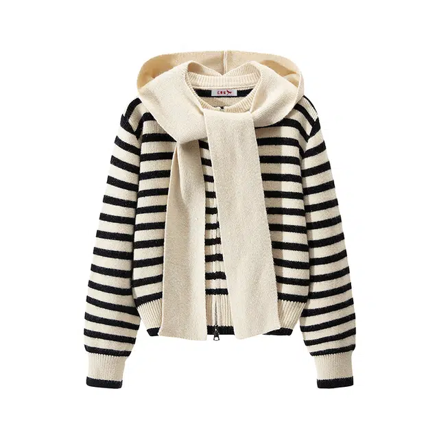 红蜻蜓 百搭休闲合身连帽拉链条纹学院风针织衫外套 女款