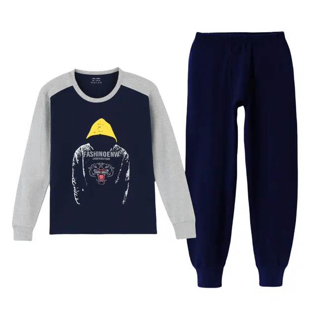 宜而爽 青少年纯棉字母嘻哈音乐涂鸦潮流舒适亲肤精梳棉保暖套装 男款