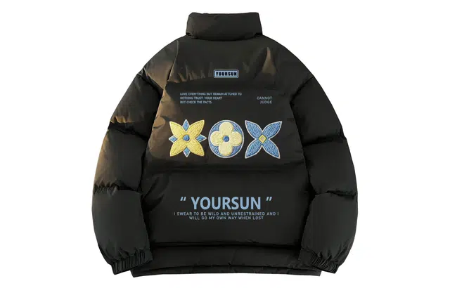 宜而爽 美式高街复古学院风仿刺绣花卉图案字母印花户外运动宽松加厚防寒保暖立领鸭绒外套日常通勤休闲百搭轻薄羽绒服 男女同款