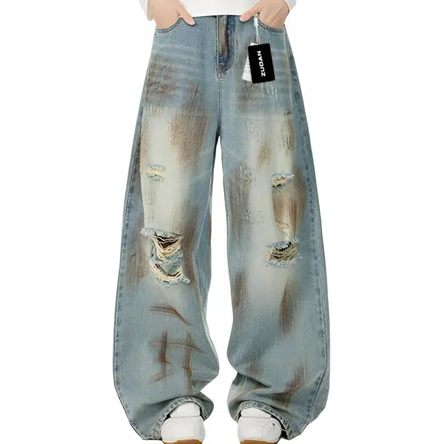 左岸 美式高街潮流百搭舒适宽松扎染破洞设计时尚高级感休闲港风潮牌牛仔裤 男女同款
