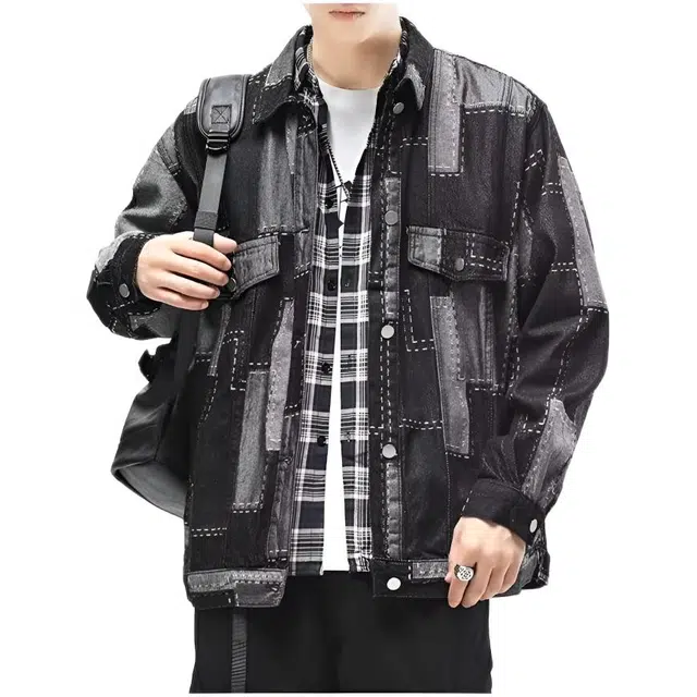 木木兔美式休闲外套 卡宾水洗做旧牛仔拼接复古痞帅夹克 儿童款