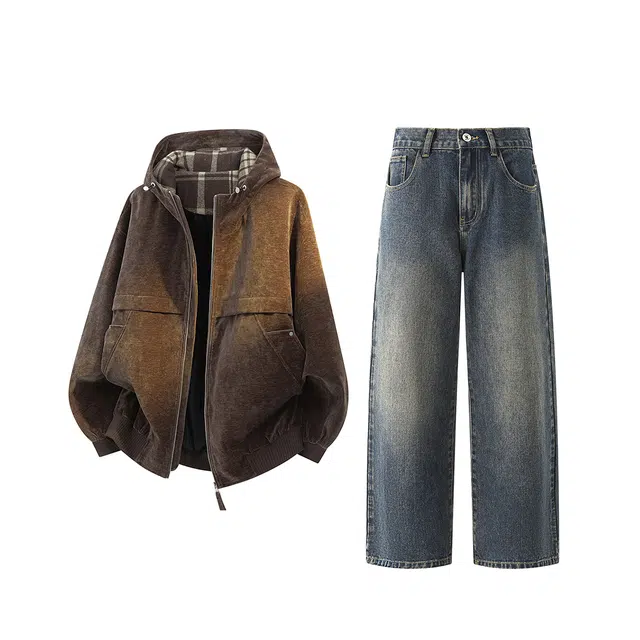 素杭 美式复古雪尼尔连帽拉链开衫外套搭配水洗做旧直筒百搭牛仔裤两件套潮流穿搭一整套休闲运动套装 男女同款