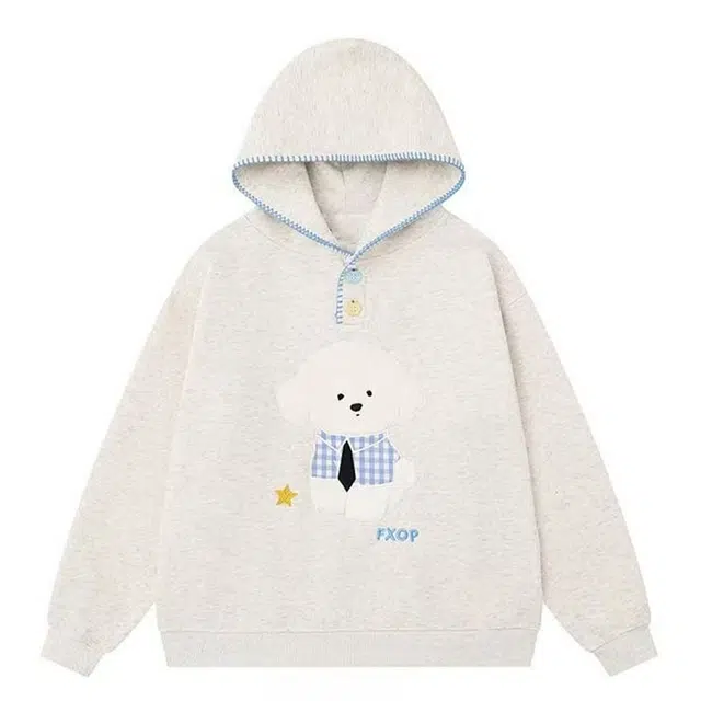 一碗士多 毛绒小狗卡通刺绣撞色拼接可爱慵懒风宽松舒适百搭不挑人显瘦日常户外运动出街拍照卫衣 男女同款