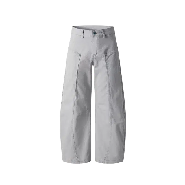 一碗士多 绿松石撞钉装饰拼接解构弯刀阔腿立体裁剪美式复古高街小众设计高级感日常户外通勤宽松百搭舒适显高显瘦痞帅风牛仔裤 男女同款