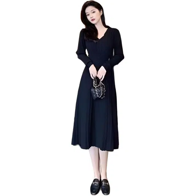 纤丝鸟 法式复古风格收腰设计气质大方显瘦打底长款长袖连衣裙 女款