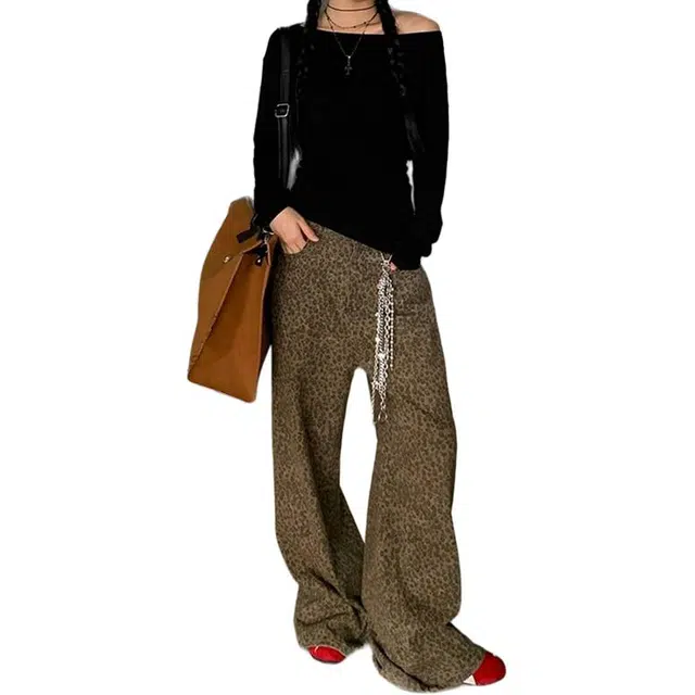 如续 美式复古豹纹阔腿高腰梨形宽松拖地工装裤刺绣裤子潮流高街牛仔裤 女款