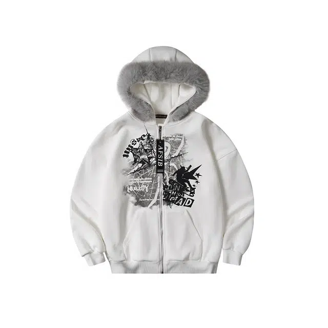 艾梵斯贝 美式复古潮流毛领小众设计款无性别慵懒学院风日常通勤百搭宽松休闲时尚高级感个性街头情侣款开衫外套卫衣 男女同款