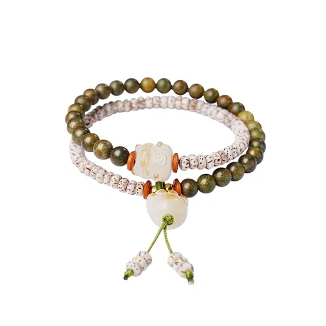 宣华意 【御猫纳福 招财进宝】新中式复古高级小众设计时来运转 双圈叠戴 事事顺利#好运 绿檀 木作手串 女款