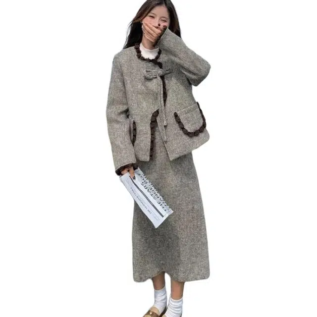 纤丝鸟 法式赫本高级感时尚小香风外套半身裙两件套长袖连衣裙 女款