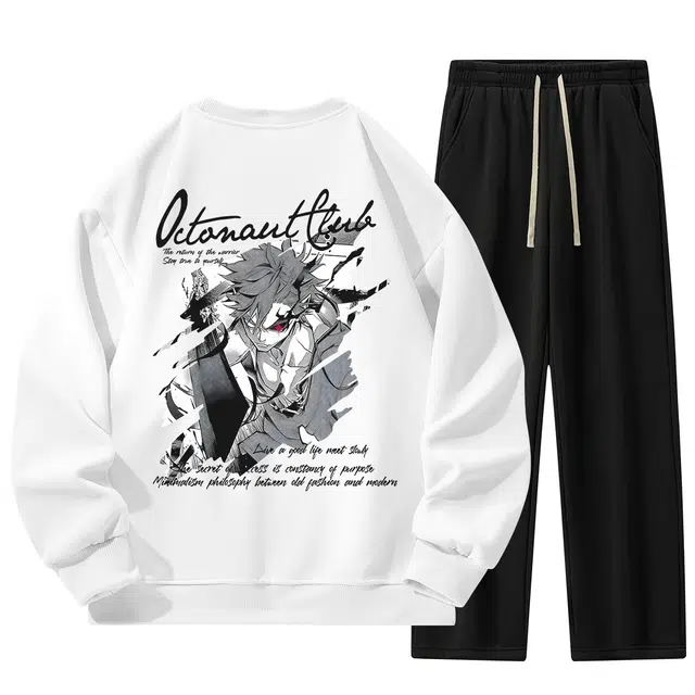 海底小纵队 街头潮人美式高街风卡通二次元少年拼接印花设计宽松学生党上衣直筒抽绳长裤百搭基础款无性别情侣休闲运动套装 男女同款