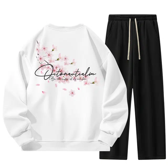 海底小纵队 复古美式高街慵懒桃花字母直筒裤系带中腰圆领无性别落肩套头休闲运动套装 男女同款