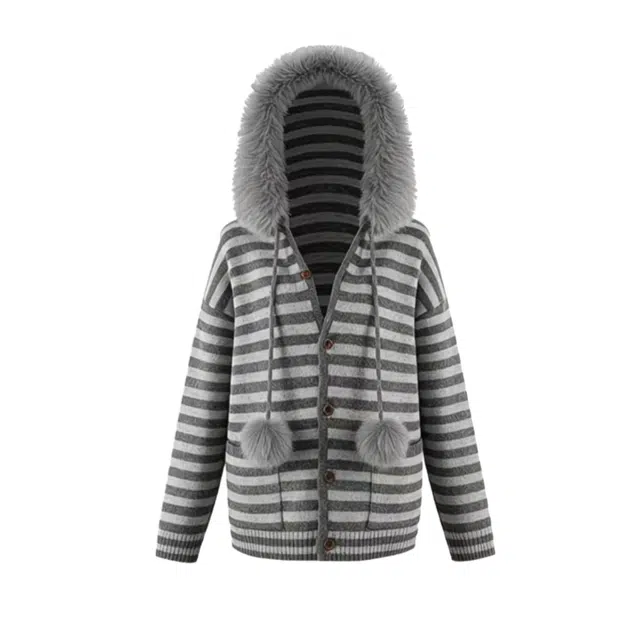 望莱仕 秋冬时尚条纹开衫外套女美式复古设计感毛领连帽针织衫 女款