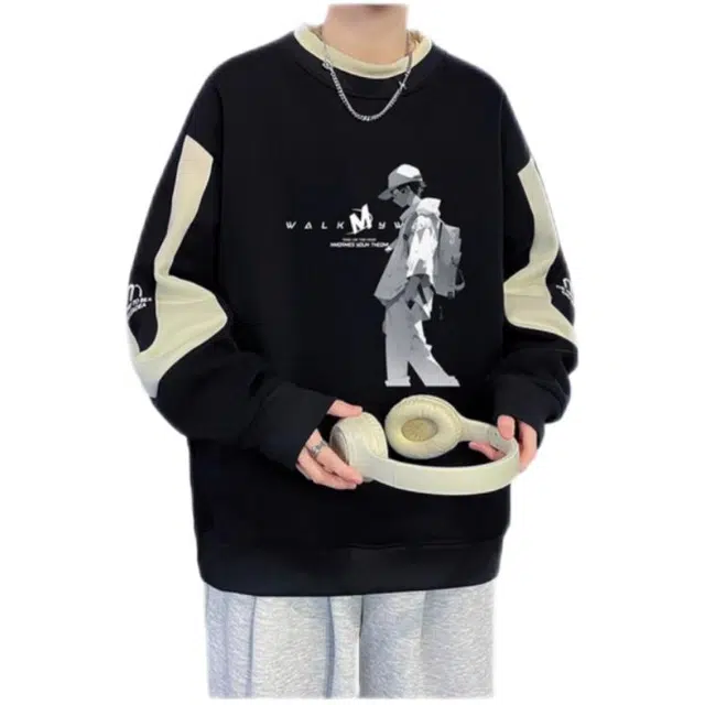 木木兔 秋季休闲落肩袖常规简约轻便小众设计运动宽松圆领长袖印花青少年青春流行卫衣 男款