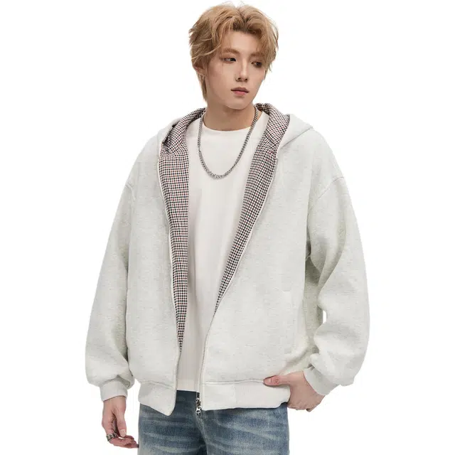 隐狼世家 两面穿连帽男秋季千鸟格情侣开衫宽松休闲拉链外套卫衣 男款