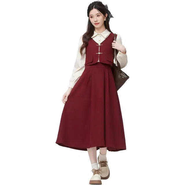 邦固依品 连衣裙小个子春秋季女生气质通勤超好看假两件裙子衬衫套装 女款