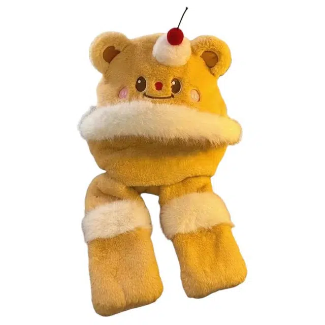 恩僾德 小熊爱吃蛋糕!三件套一体防寒保暖护耳可爱百搭显脸小 涤纶 斗篷帽 男女同款情侣款