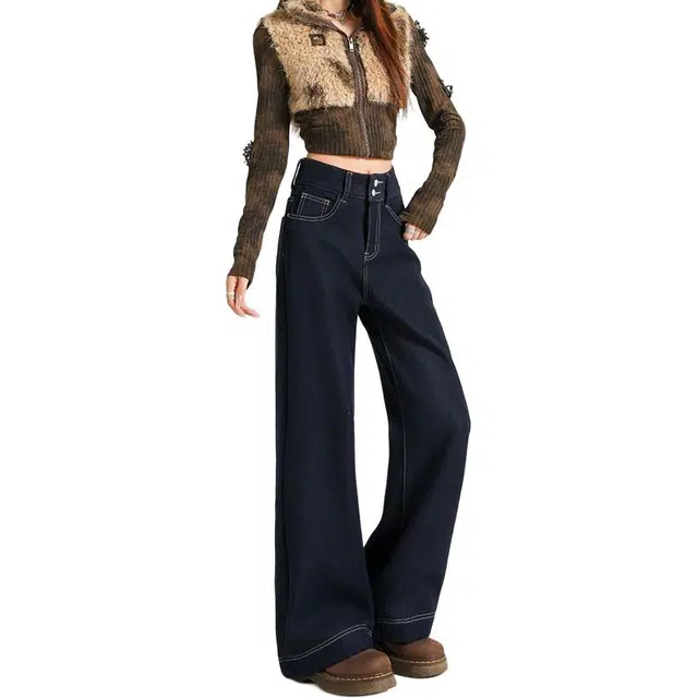如续 潮流加绒四面弹垂顺抗皱不掉色保暖弹力宽松喇叭裤经典百搭高腰双扣收腹厚绒牛仔裤 女款