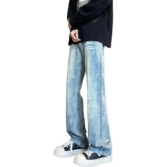 宝米卡 高街宽松时尚直筒美式复古潮牌休闲长裤阔腿弯刀裤磨白作旧水洗裤子牛仔裤 男女同款