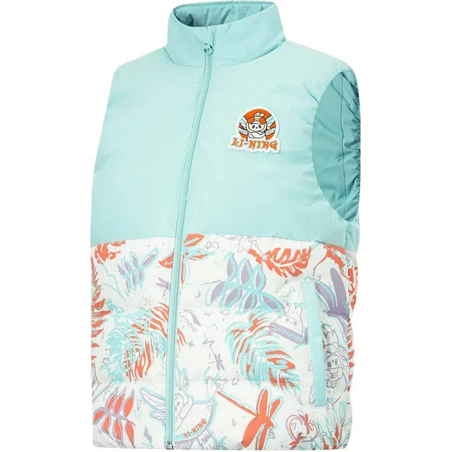 李宁儿童 童装 运动生活系列 满印拉链立领无袖羽绒马甲 女童 湖灰蓝