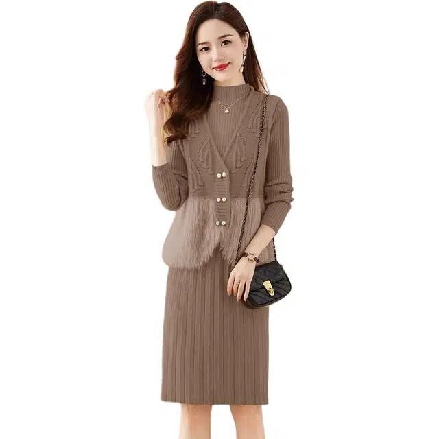 纤丝鸟 小香风裙套装马甲中长款两件套长袖连衣裙 女款