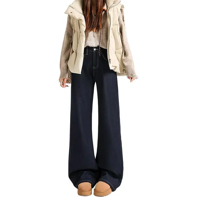 如续 潮流加绒加厚抗皱免烫四面弹垂顺宽松微喇原色长裤百搭基础款保暖显瘦牛仔裤 女款