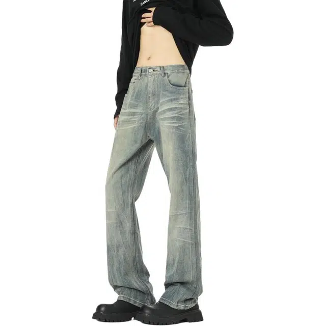 宝米卡 宽松直筒美式复古潮牌休闲长裤阔腿弯刀裤时尚磨白作旧水洗裤子牛仔裤 男女同款