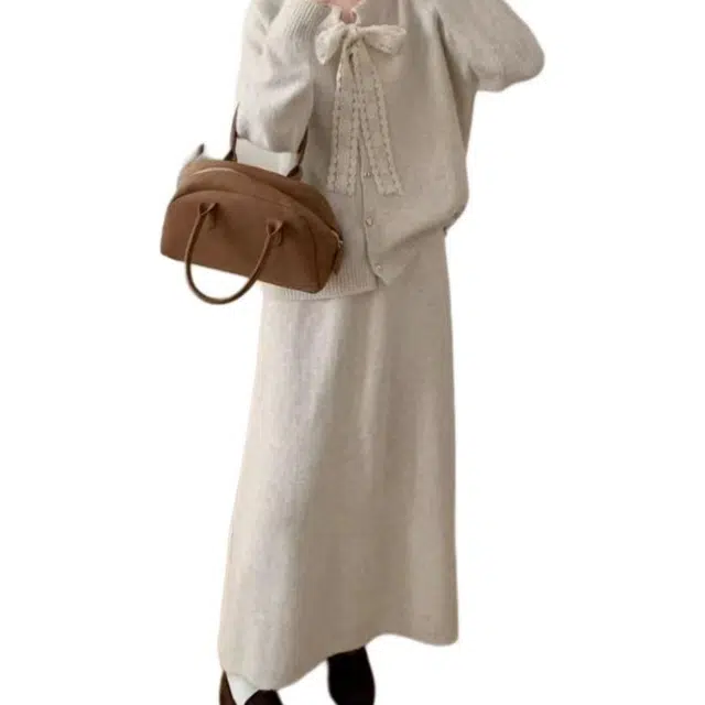 纤丝鸟 韩系复古时尚温柔小香风蕾丝系带两件套装长袖连衣裙 女款