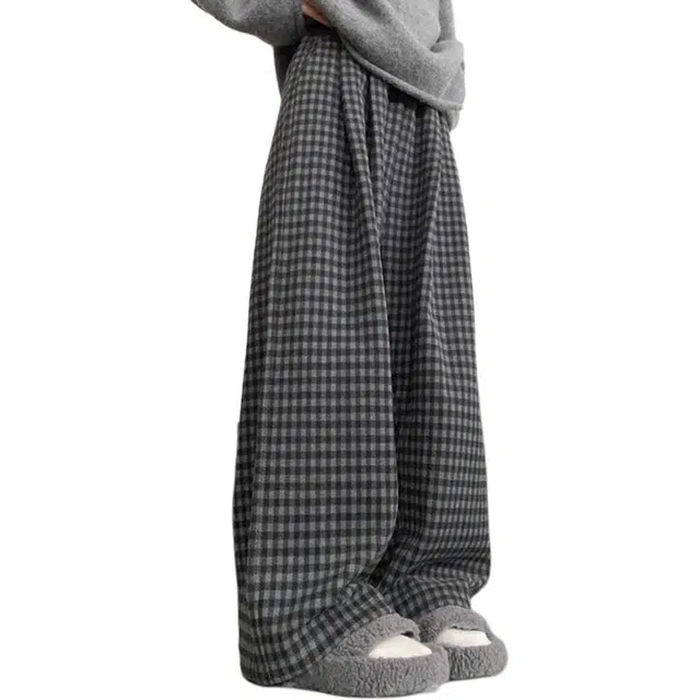 囍鱼少女 格雷系撞色阔腿慵懒风格子裤女秋季大码胖妹妹显瘦垂感休闲裤 女款