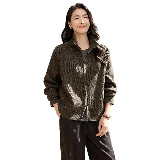 佐塞斯 高端品质轻奢时髦立领开衫女秋冬季简约百搭双头拉链叠穿外套针织衫 女款