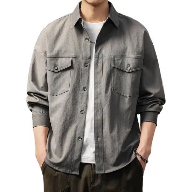 贵色 日系纯色慵懒风工装潮牌休闲长袖衬衫 男女同款