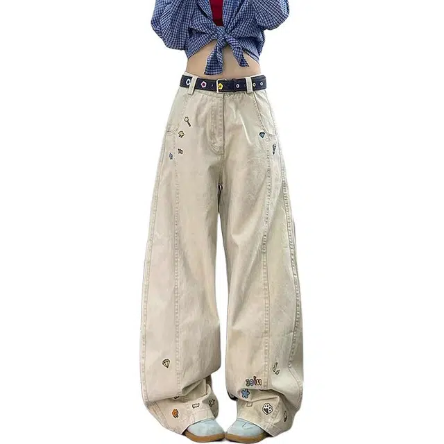 如续 美式复古趣味卡通刺绣个性小众设计感弯刀裤子宽松休闲阔腿拖地牛仔裤 女款