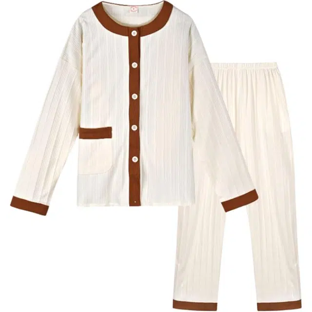 浮光岛屿 礼盒套装 春秋款超柔软纯棉舒适睡衣女圆领简约休闲宽松可外穿长袖家居服 家居套装 女款 米白色