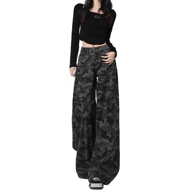 宝米卡 美式复古迷彩色工装设计感直筒阔腿弯刀裤子牛仔裤 男女同款