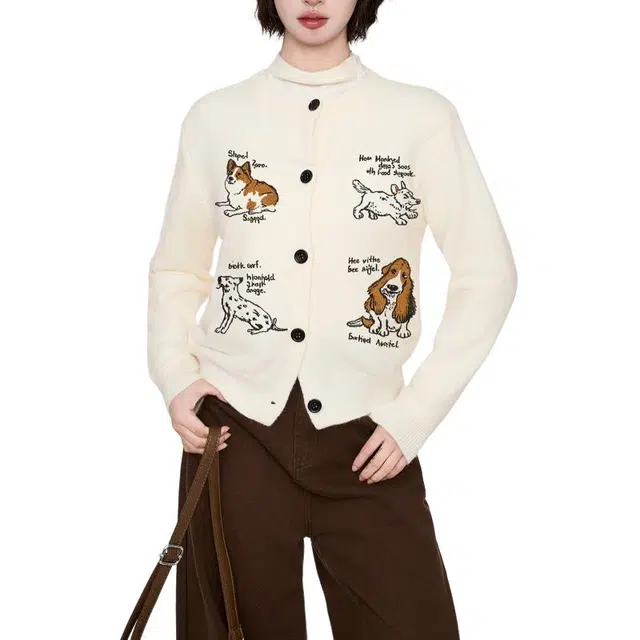 柏黛妃 韩系风格宽松显瘦萌趣小狗刺绣慵懒风长袖卡通温柔开衫女修身短款减龄氛围感外搭外套正肩上衣 针织衫 女款