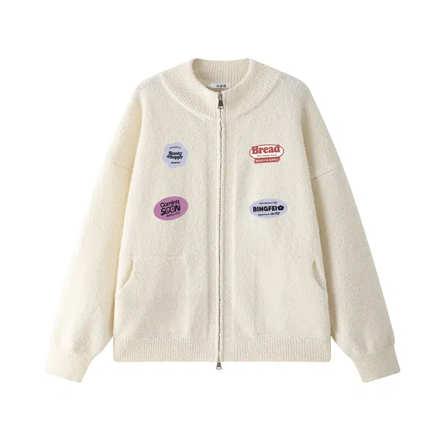 冰飞 秋冬高品质开衫外套美式懒惰风字母印花简约高级感潮牌双拉链软糯舒适毛衣韩系学院风休闲半高领长袖针织衫 男女同款