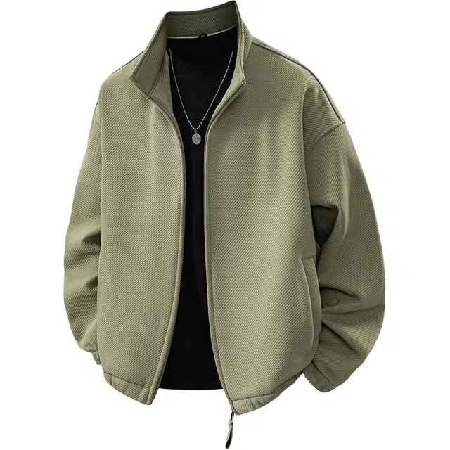 八哥 美式高街基础款经典复古纯色时尚潮流舒适设计感宽松日常通勤百搭简约工装飞行员翻领拉链长袖外套夹克 男女同款