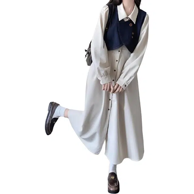 囍鱼少女 法式气质穿搭牛仔马甲连衣裙女秋季衬衫裙超火两件套裙装套装 女款