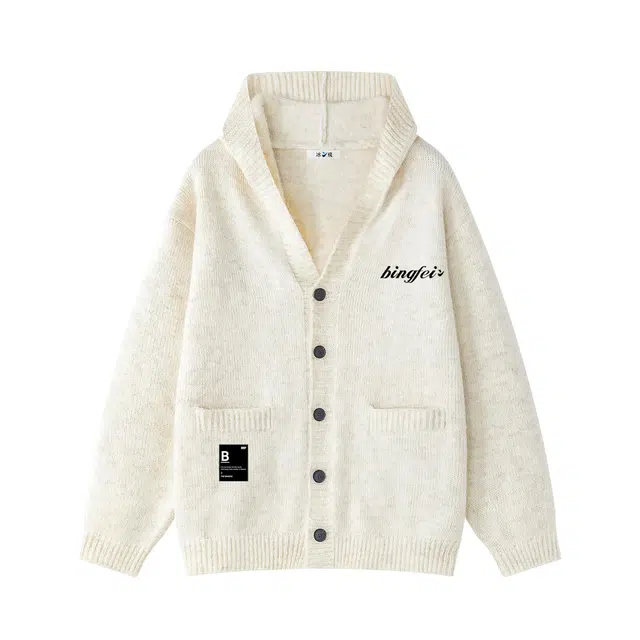 冰飞 美式复古单排扣小众设计字母懒惰风宽松休闲柔软亲肤开衫连帽上衣外套潮牌纯色简约基础款毛衣高级感时尚帽衫针织衫 男女同款