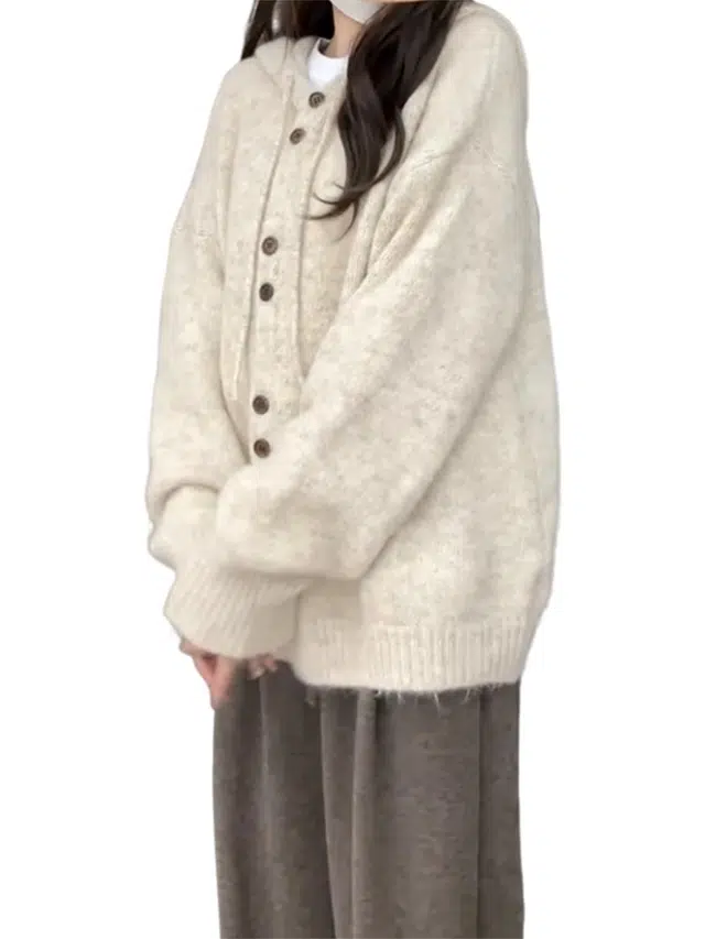 囍鱼少女 连帽外套女秋冬季宽松慵懒风开衫高级感加厚上衣针织衫 女款