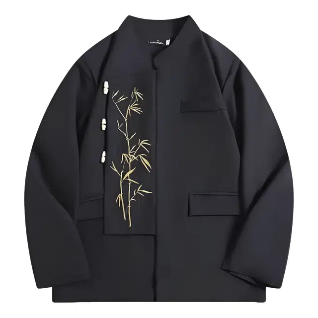 泡泡陷阱 新中式国风金竹刺绣立领宽松休闲穿搭侧边扣小众设计高级感西装套装 男女同款