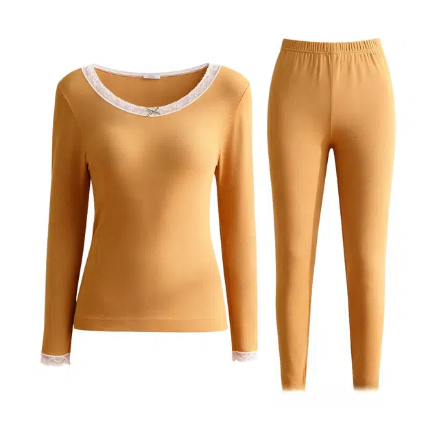 兰缪 桑蚕丝发热绵羊毛蕾丝圆领秋衣秋裤打底衣轻薄修身显瘦高弹服帖亲肤柔软内衣冬季保暖套装 女款