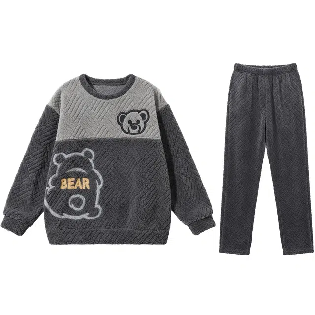 俏霓桐 卡通青少年学生圆领加厚加绒珊瑚绒保暖可外穿家居服睡衣套装 男款