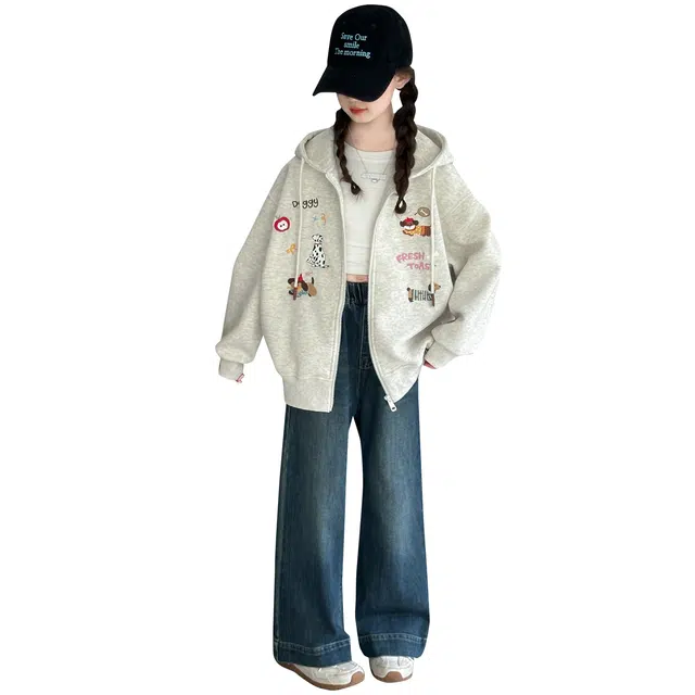 帕兰朵儿童上装 女童秋冬季时尚潮流百搭休闲外套女孩小狗加厚保暖拉链衫洋气上衣连帽潮 青少年