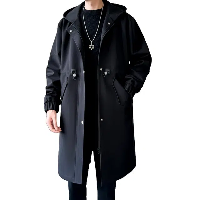 加荣 英伦风连帽宽松休闲简约纯色高街痞帅中长款大衣 男女同款