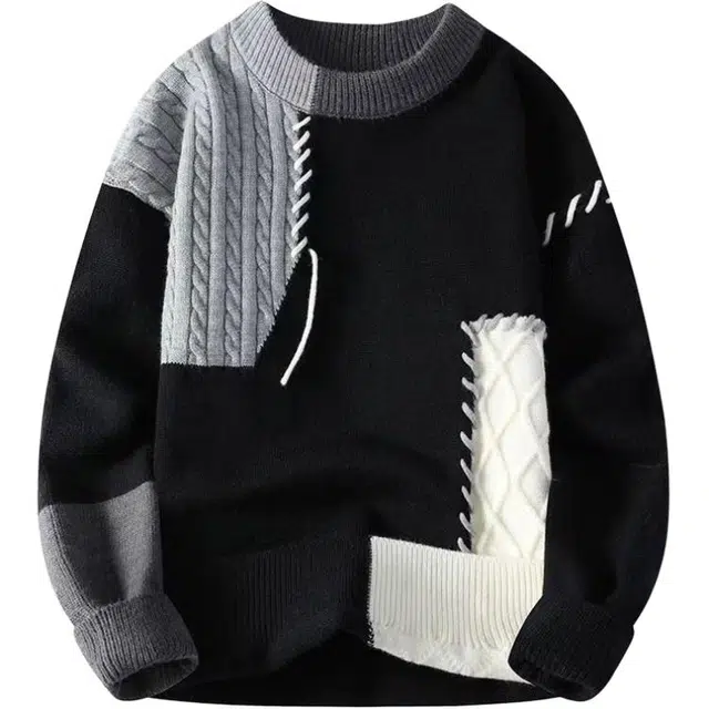 沐诚阳译 秋冬季潮牌加厚男圆领宽松针青少年打底拼接保暖针织衫 男款