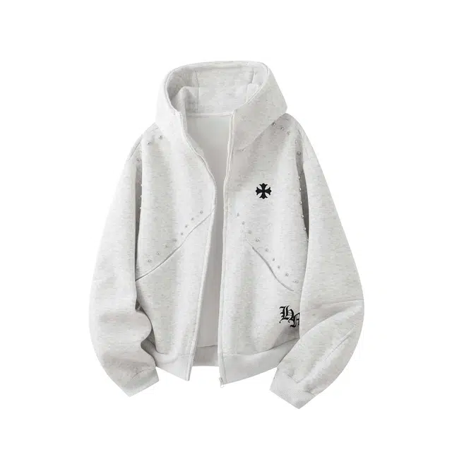 茴茉 美式无性别主义杜宾犬铆钉设计感高街情侣外套宽松休闲日常百搭拉链开衫落肩连帽卫衣 男女同款